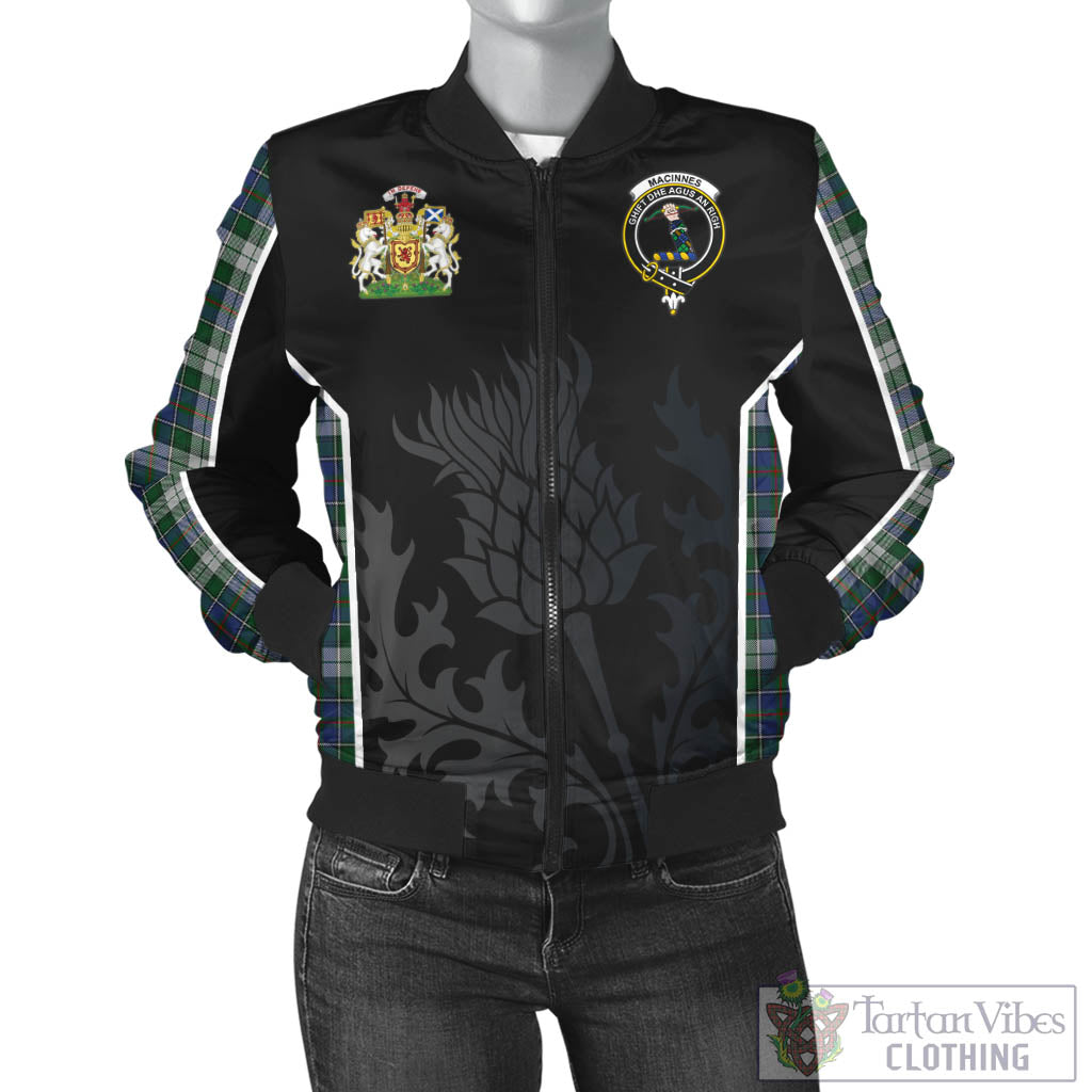 Tartan Vibes Clothing MacInnes Dress Tartan Bomber Jacket with Family Crest and Scottish Thistle Vibes Sport Style