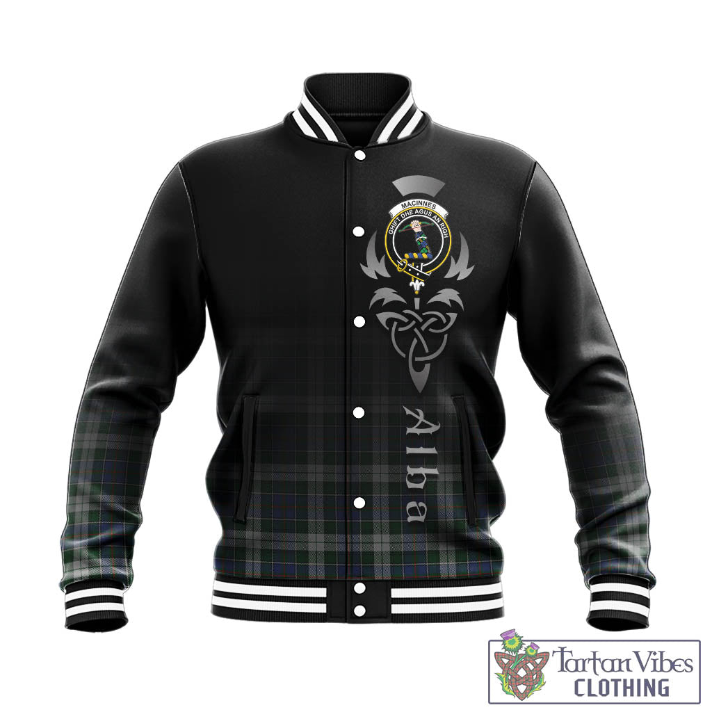 Tartan Vibes Clothing MacInnes Dress Tartan Baseball Jacket Featuring Alba Gu Brath Family Crest Celtic Inspired