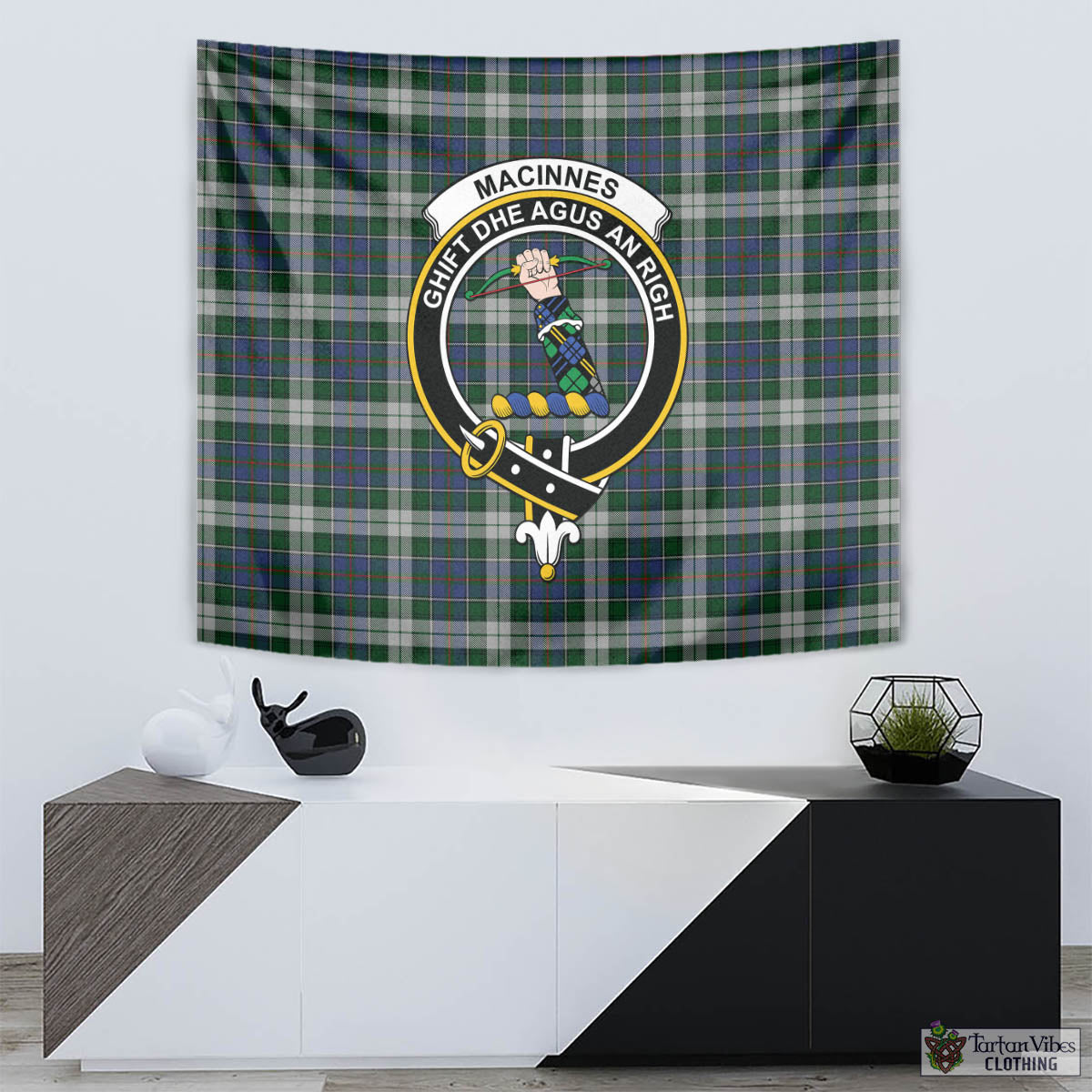 Tartan Vibes Clothing MacInnes Dress Tartan Tapestry Wall Hanging and Home Decor for Room with Family Crest