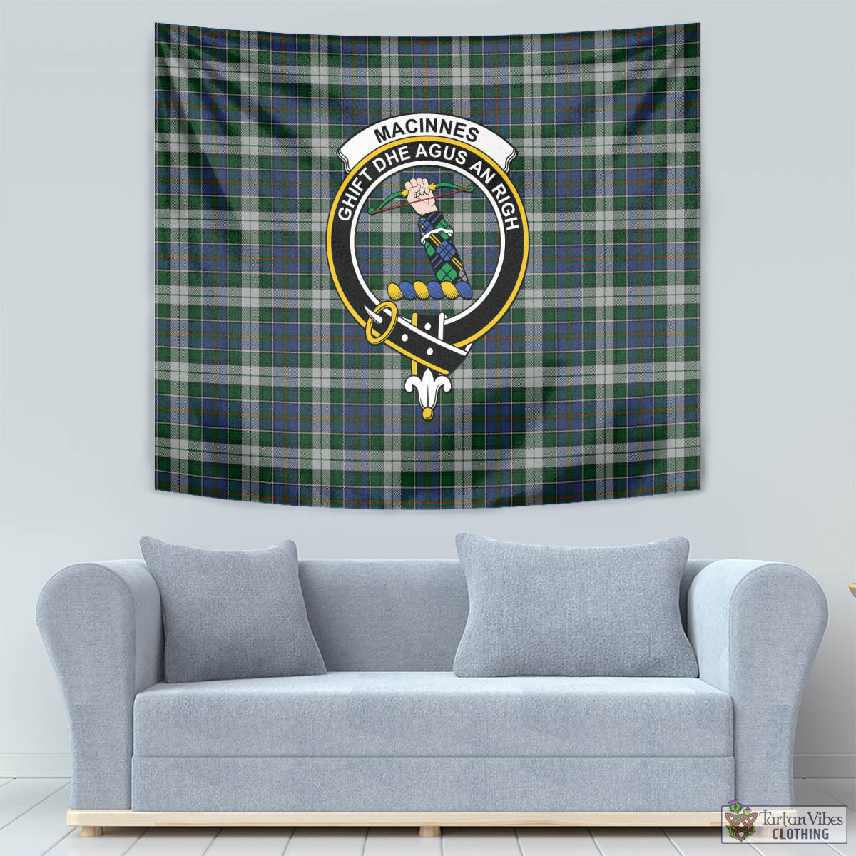 Tartan Vibes Clothing MacInnes Dress Tartan Tapestry Wall Hanging and Home Decor for Room with Family Crest