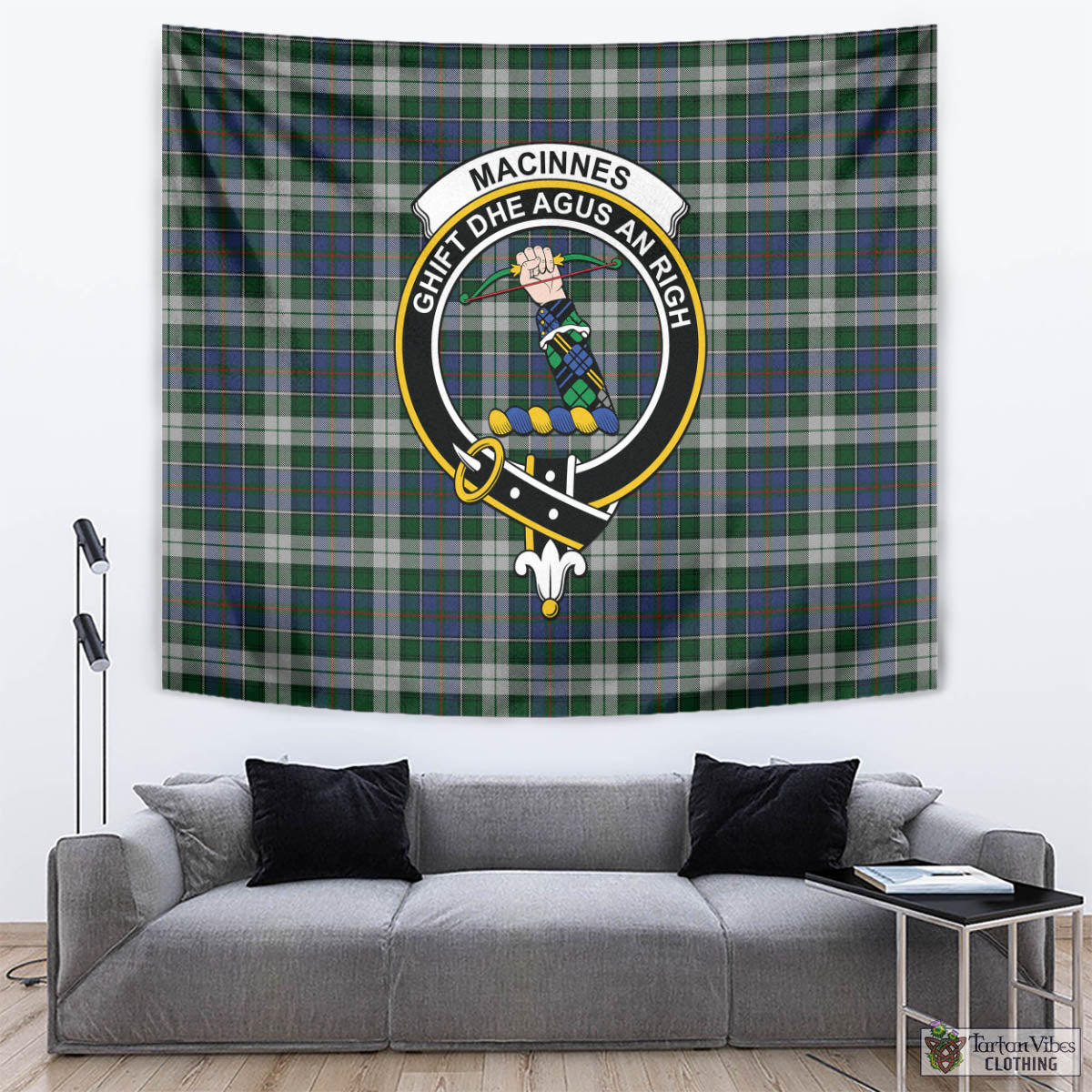 Tartan Vibes Clothing MacInnes Dress Tartan Tapestry Wall Hanging and Home Decor for Room with Family Crest