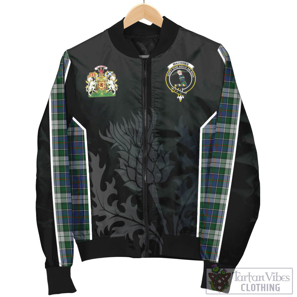 Tartan Vibes Clothing MacInnes Dress Tartan Bomber Jacket with Family Crest and Scottish Thistle Vibes Sport Style