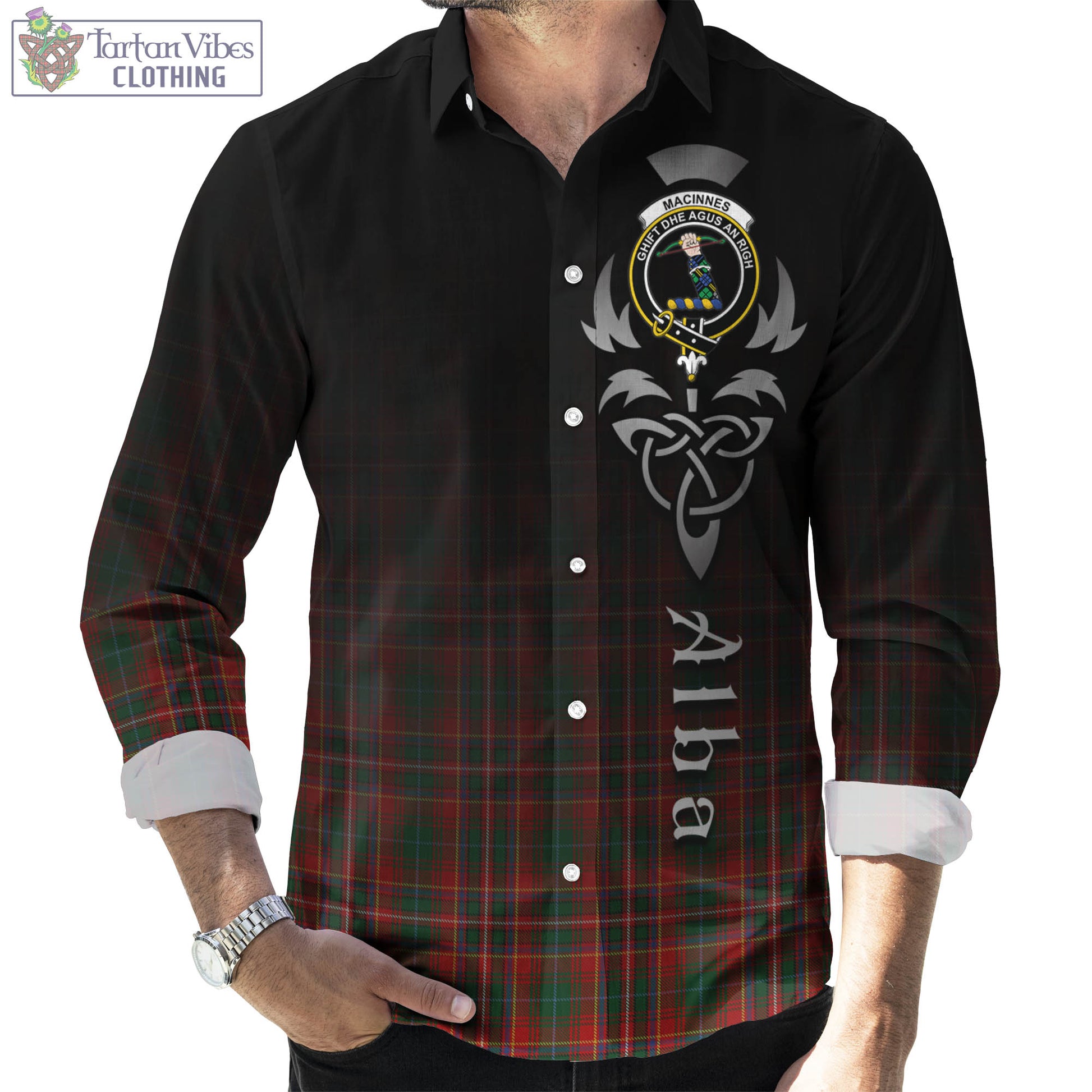 Tartan Vibes Clothing MacInnes Hastie Tartan Long Sleeve Button Up Featuring Alba Gu Brath Family Crest Celtic Inspired