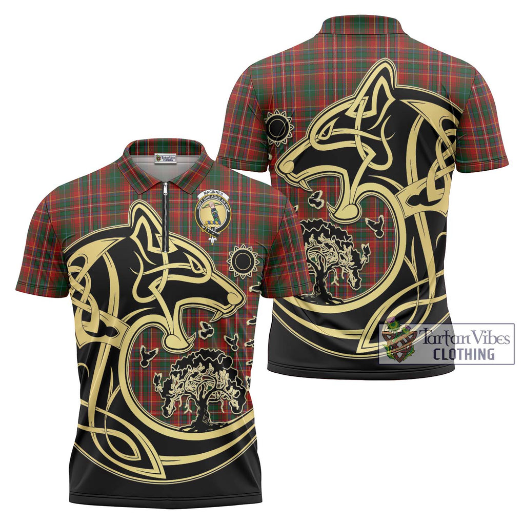 MacInnes Hastie Tartan Zipper Polo Shirt with Family Crest Celtic Wolf Style Unisex - Tartanvibesclothing Shop