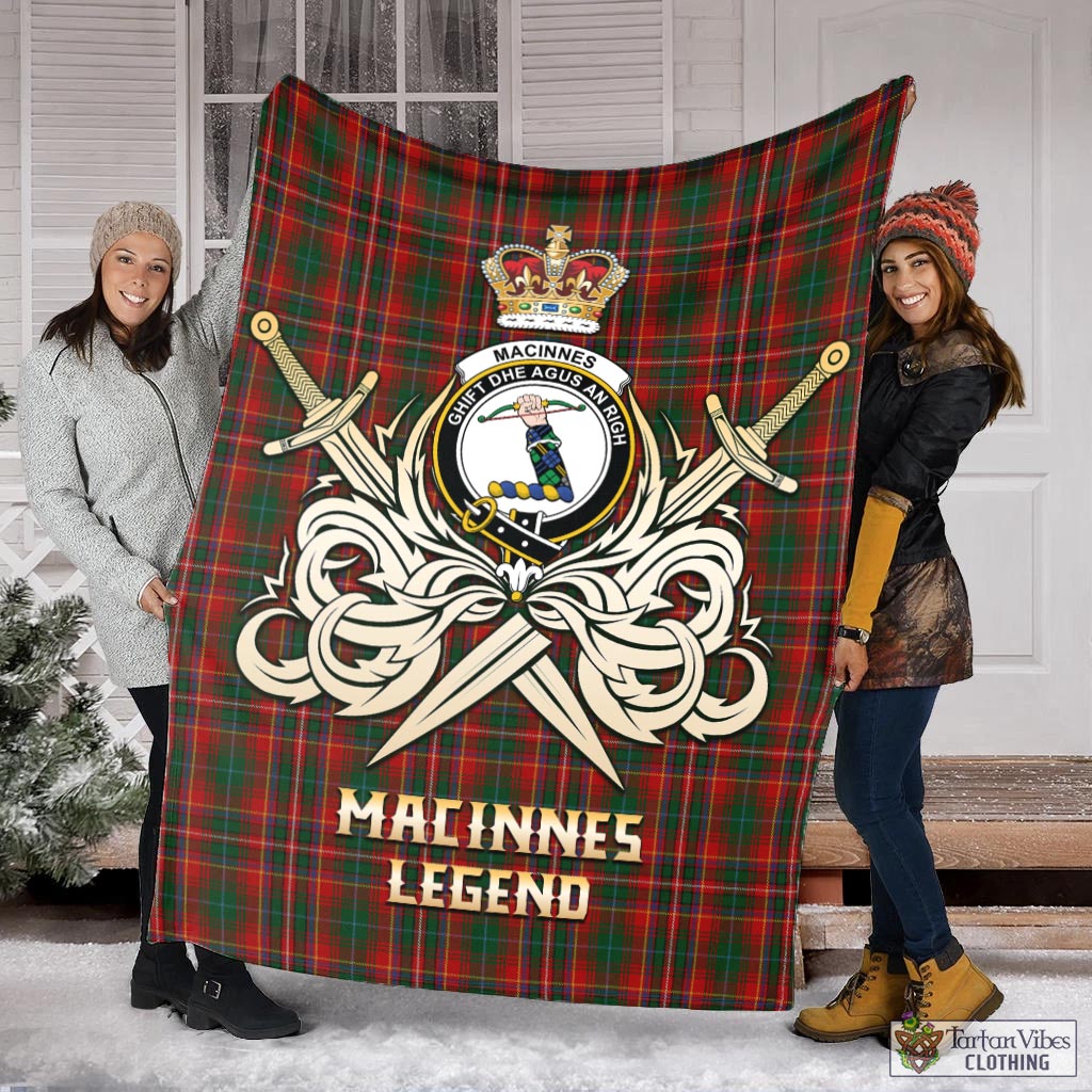 Tartan Vibes Clothing MacInnes Hastie Tartan Blanket with Clan Crest and the Golden Sword of Courageous Legacy