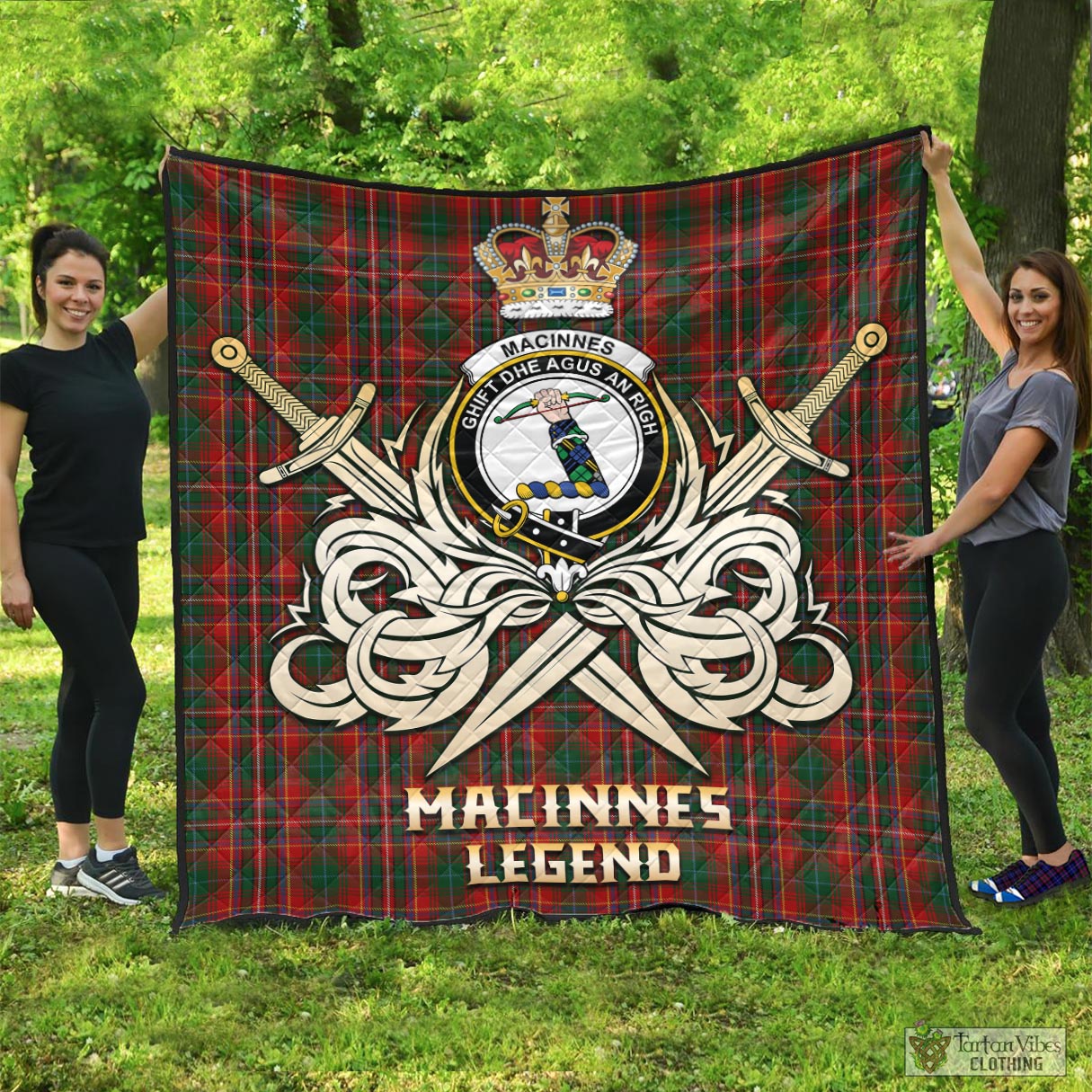 Tartan Vibes Clothing MacInnes Hastie Tartan Quilt with Clan Crest and the Golden Sword of Courageous Legacy