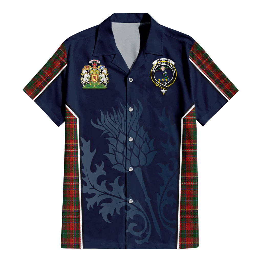 Tartan Vibes Clothing MacInnes Hastie Tartan Short Sleeve Button Up Shirt with Family Crest and Scottish Thistle Vibes Sport Style