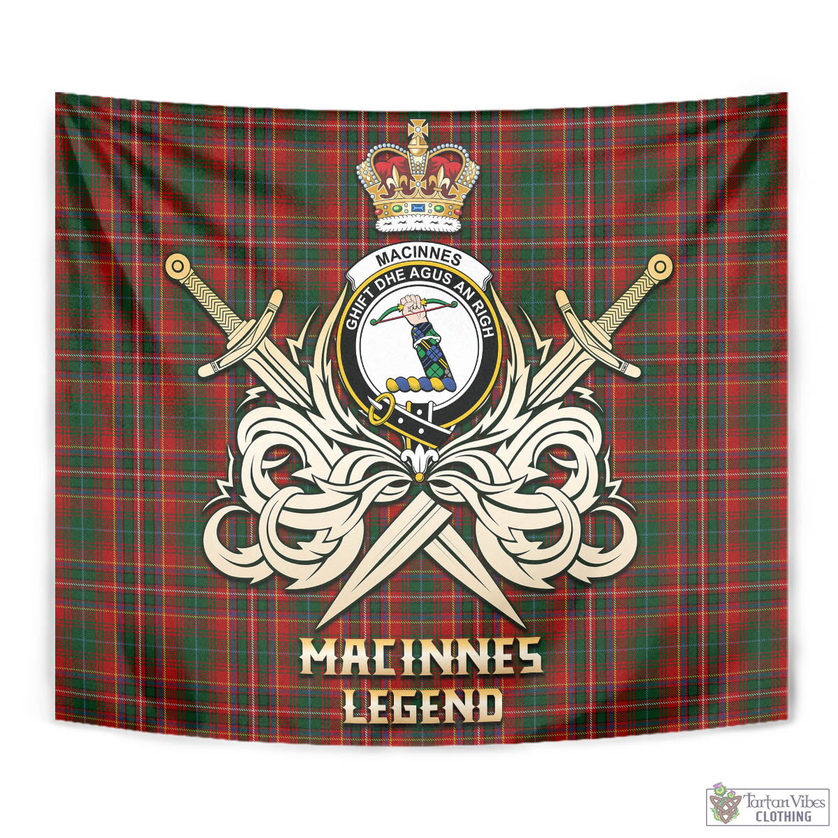 Tartan Vibes Clothing MacInnes Hastie Tartan Tapestry with Clan Crest and the Golden Sword of Courageous Legacy