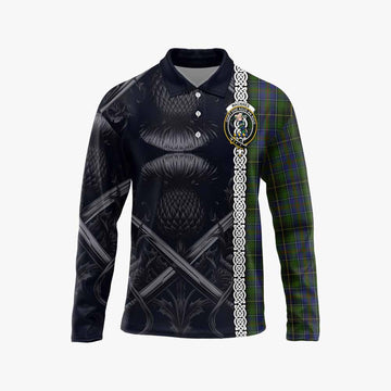 MacInnes (McInnes) Tartan Long Sleeve Polo Shirt with Family Crest Cross Sword Thistle Celtic Vibes