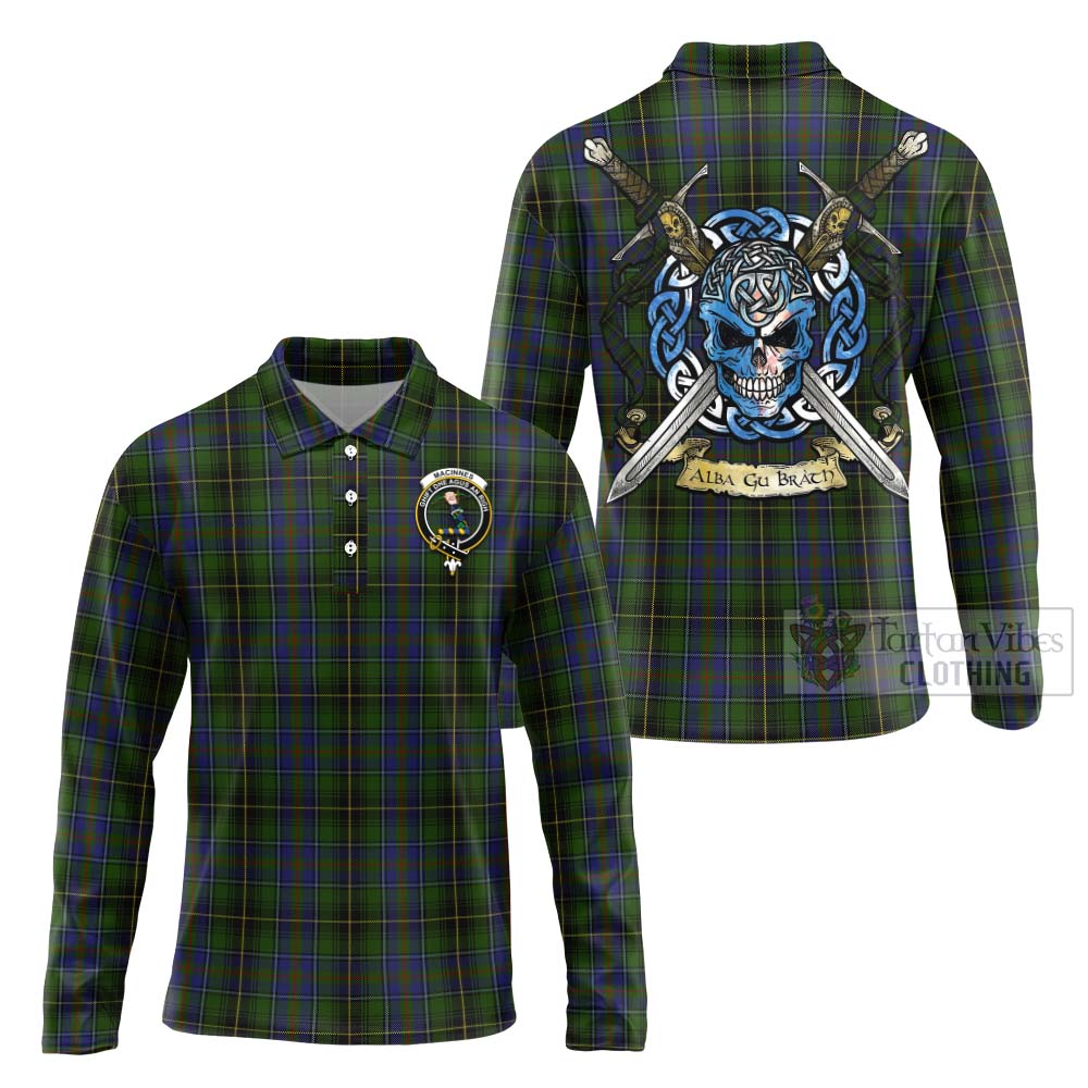 Tartan Vibes Clothing MacInnes (McInnes) Tartan Long Sleeve Polo Shirt with Family Crest Celtic Skull Style