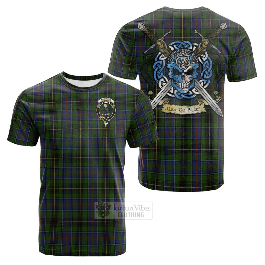 Tartan Vibes Clothing MacInnes (McInnes) Tartan Cotton T-shirt with Family Crest Celtic Skull Style