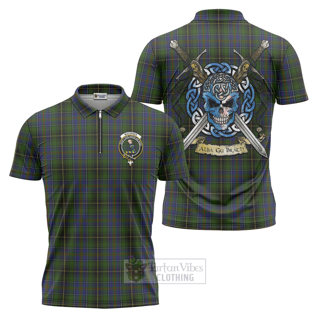 Tartan Vibes Clothing MacInnes (McInnes) Tartan Zipper Polo Shirt with Family Crest Celtic Skull Style