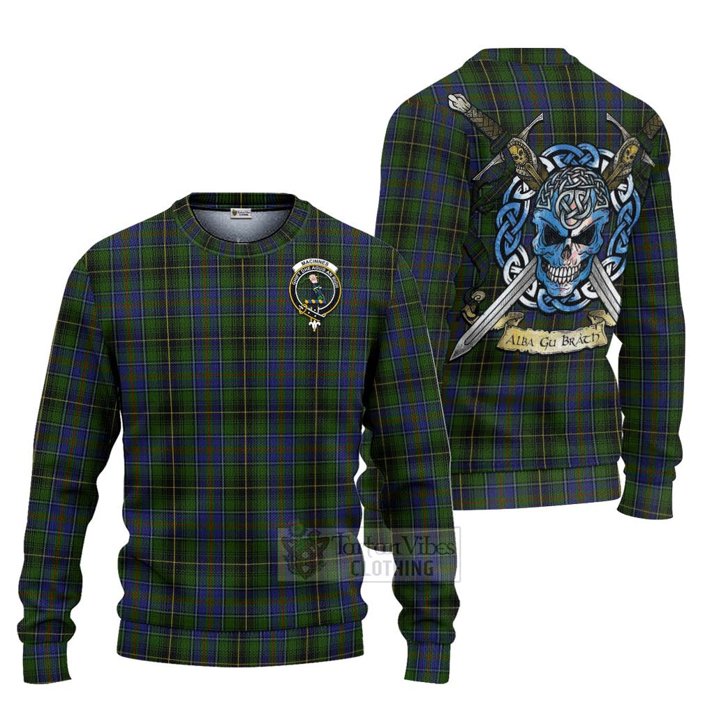 Tartan Vibes Clothing MacInnes (McInnes) Tartan Knitted Sweater with Family Crest Celtic Skull Style