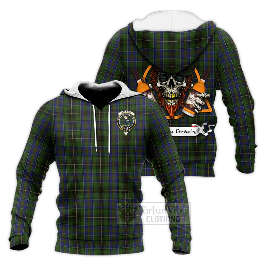 Tartan Vibes Clothing MacInnes (McInnes) Tartan Knitted Hoodie with Family Crest and Bearded Skull Holding Bottles of Whiskey