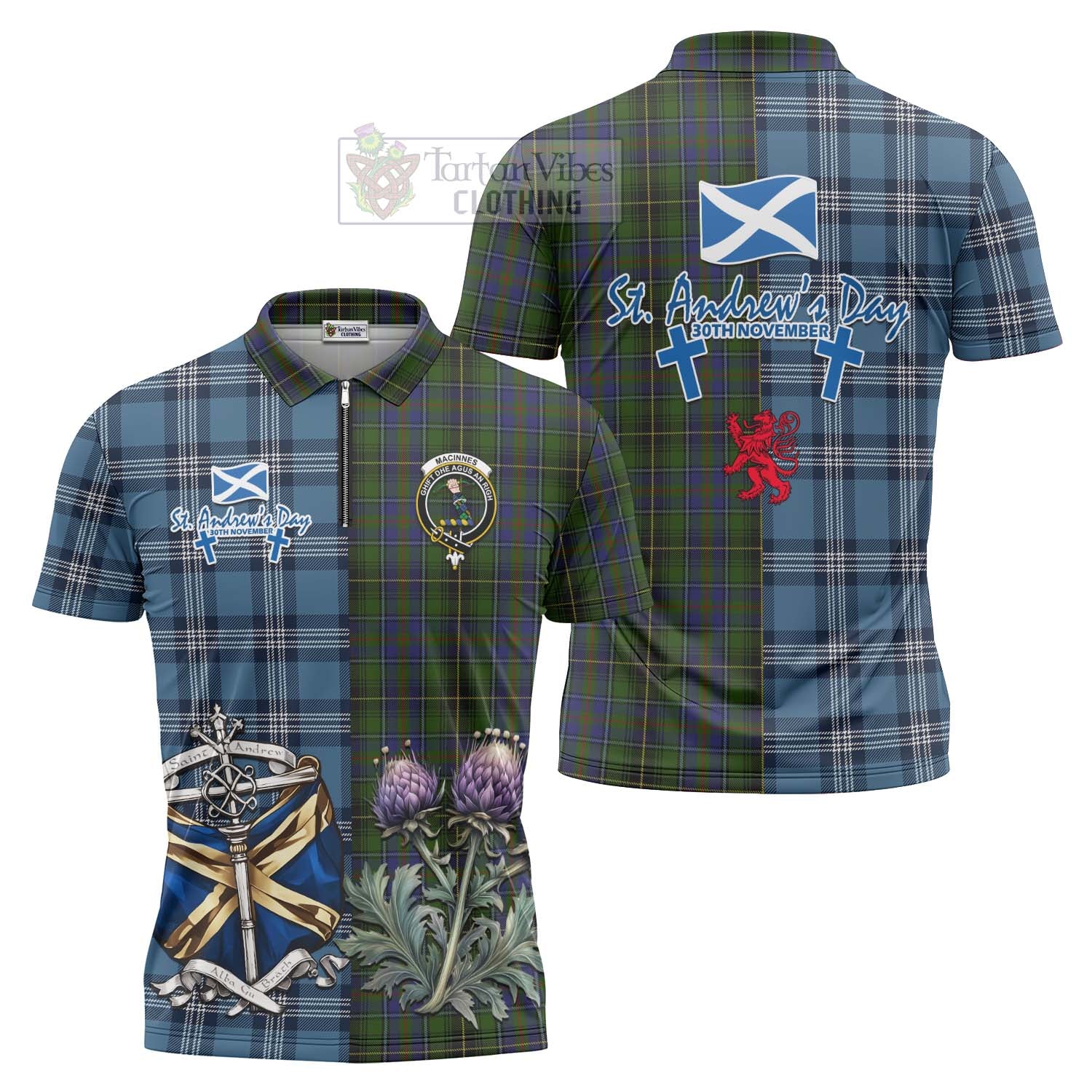 Tartan Vibes Clothing MacInnes (McInnes) Tartan Zipper Polo Shirt Happy St. Andrew's Day Half Tartan Style