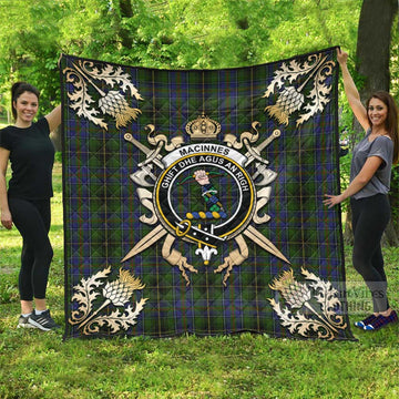 MacInnes (McInnes) Tartan Quilt with Family Crest and Golden Thistle Crossed Sword Design