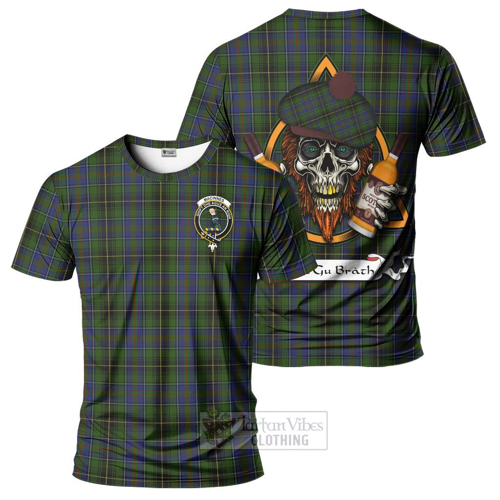 Tartan Vibes Clothing MacInnes (McInnes) Tartan T-Shirt with Family Crest and Bearded Skull Holding Bottles of Whiskey