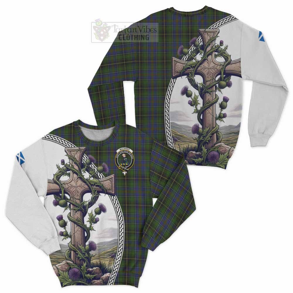 Tartan Vibes Clothing MacInnes (McInnes) Tartan Sweatshirt with Family Crest and St. Andrew's Cross Accented by Thistle Vines