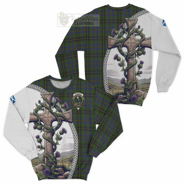 MacInnes (McInnes) Tartan Sweatshirt with Family Crest and St. Andrew's Cross Accented by Thistle Vines