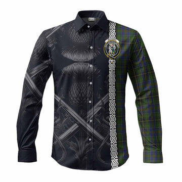 MacInnes (McInnes) Tartan Long Sleeve Button Shirt with Family Crest Cross Sword Thistle Celtic Vibes