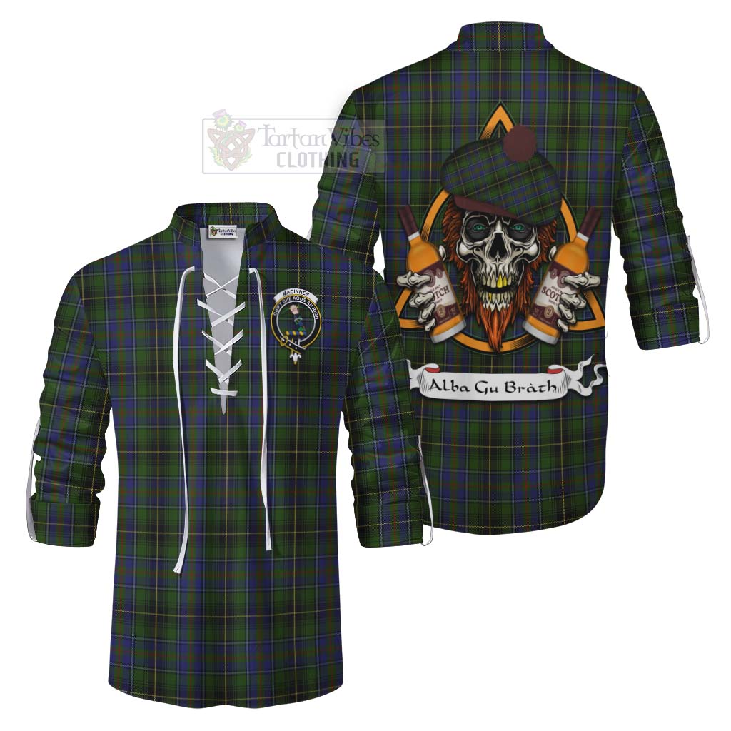 Tartan Vibes Clothing MacInnes (McInnes) Tartan Ghillie Kilt Shirt with Family Crest and Bearded Skull Holding Bottles of Whiskey