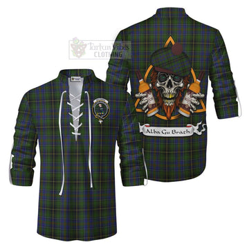 MacInnes (McInnes) Tartan Ghillie Kilt Shirt with Family Crest and Bearded Skull Holding Bottles of Whiskey