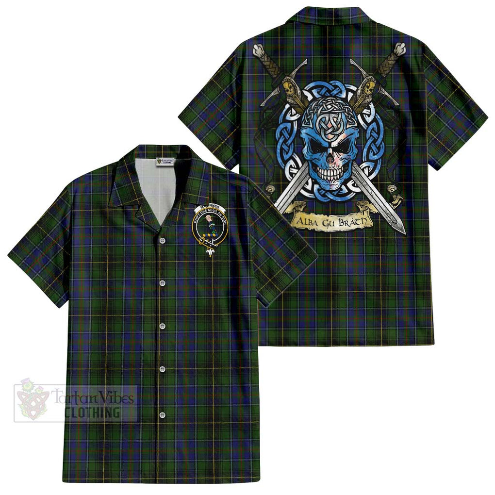 Tartan Vibes Clothing MacInnes (McInnes) Tartan Short Sleeve Button Shirt with Family Crest Celtic Skull Style