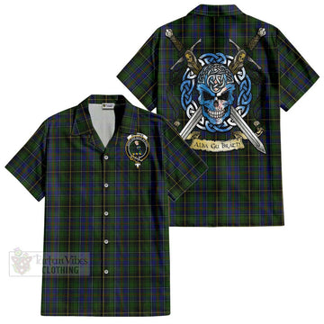 MacInnes (McInnes) Tartan Short Sleeve Button Shirt with Family Crest Celtic Skull Style