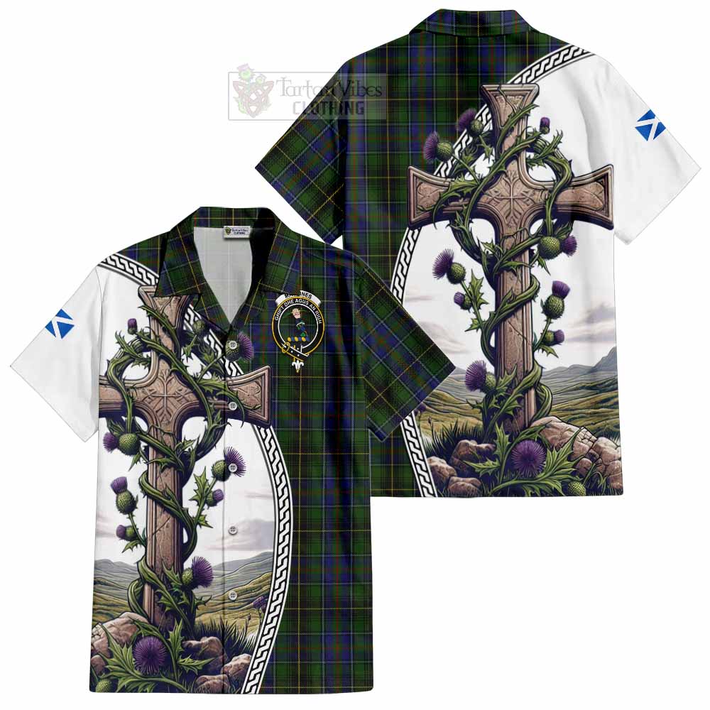 Tartan Vibes Clothing MacInnes (McInnes) Tartan Short Sleeve Button Shirt with Family Crest and St. Andrew's Cross Accented by Thistle Vines