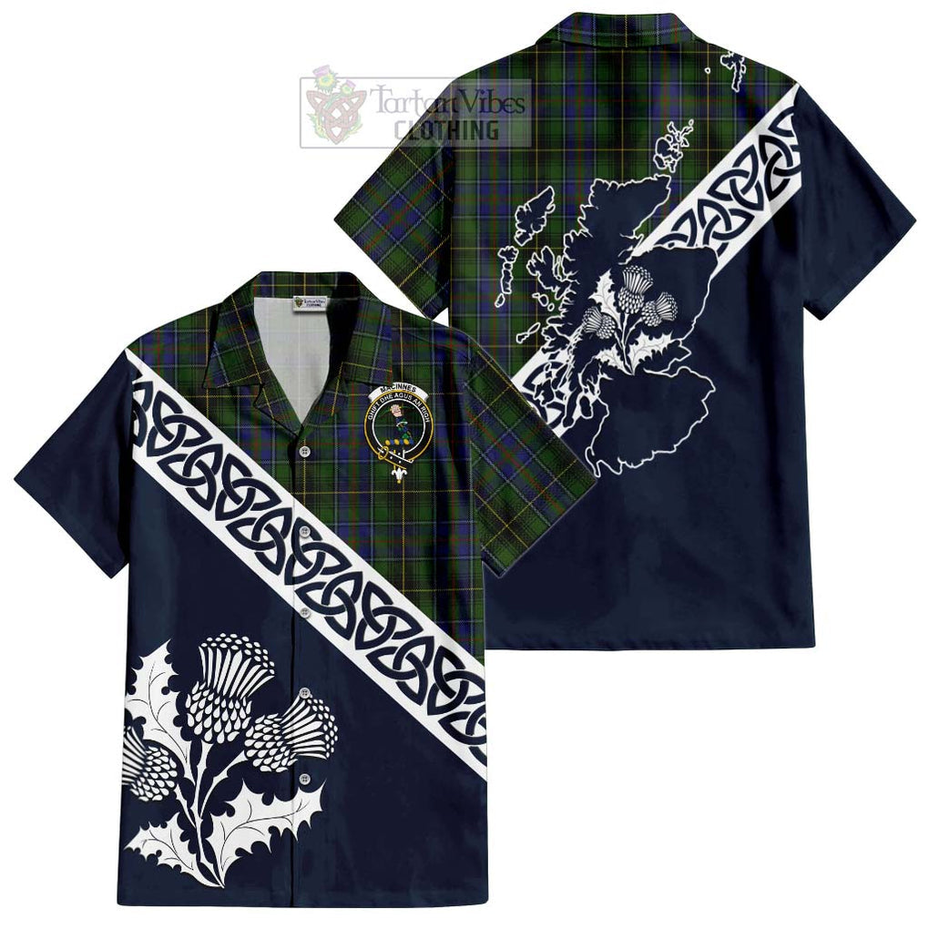 Tartan Vibes Clothing MacInnes (McInnes) Tartan Short Sleeve Button Shirt Featuring Thistle and Scotland Map