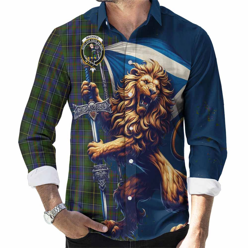 MacInnes (McInnes) Tartan Family Crest Long Sleeve Button Shirt with Scottish Majestic Lion Men's Shirt S - Tartan Vibes Clothing