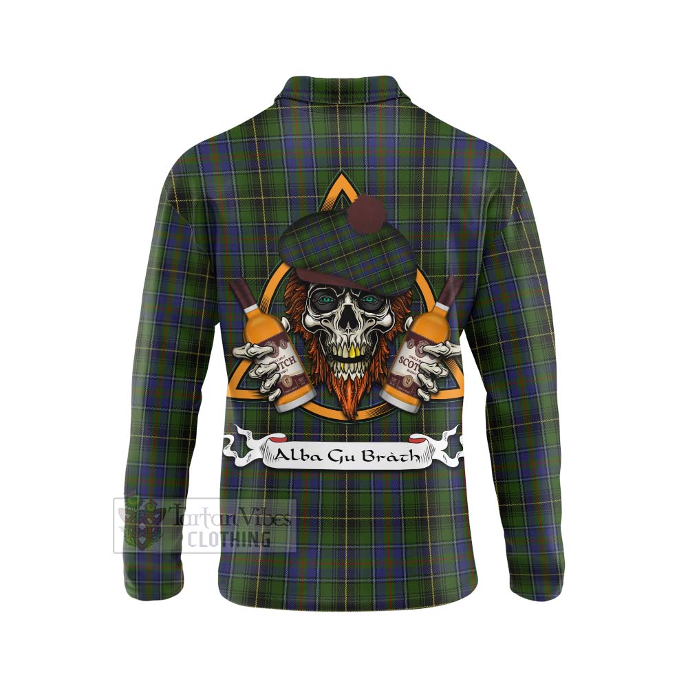 Tartan Vibes Clothing MacInnes (McInnes) Tartan Long Sleeve Polo Shirt with Family Crest and Bearded Skull Holding Bottles of Whiskey