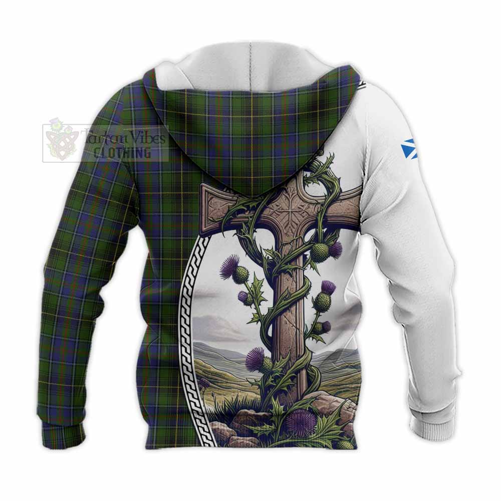 Tartan Vibes Clothing MacInnes (McInnes) Tartan Knitted Hoodie with Family Crest and St. Andrew's Cross Accented by Thistle Vines