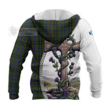 MacInnes (McInnes) Tartan Knitted Hoodie with Family Crest and St. Andrew's Cross Accented by Thistle Vines