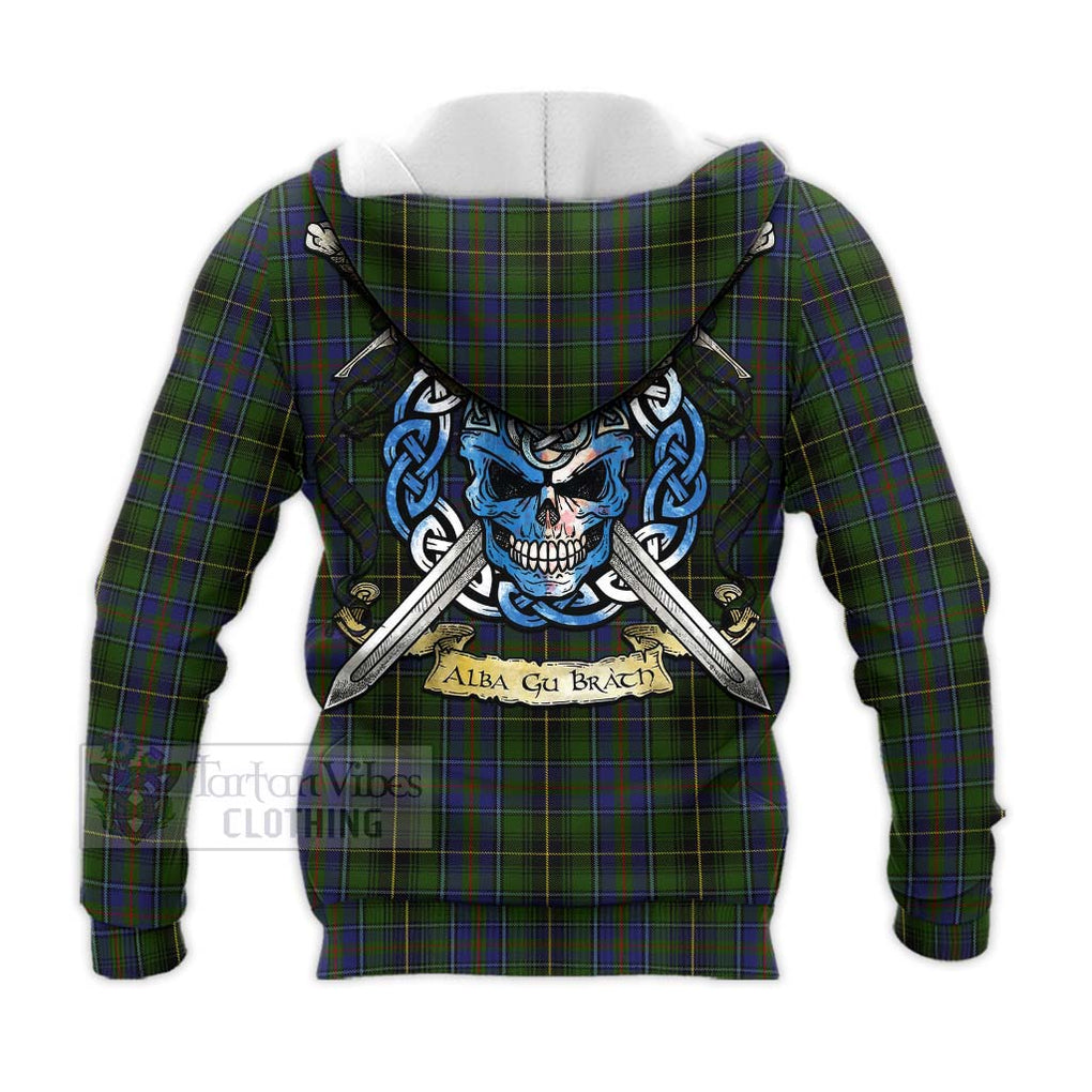 Tartan Vibes Clothing MacInnes (McInnes) Tartan Knitted Hoodie with Family Crest Celtic Skull Style