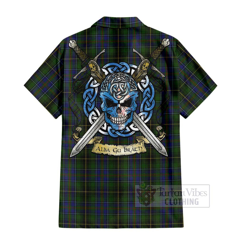 Tartan Vibes Clothing MacInnes (McInnes) Tartan Short Sleeve Button Shirt with Family Crest Celtic Skull Style