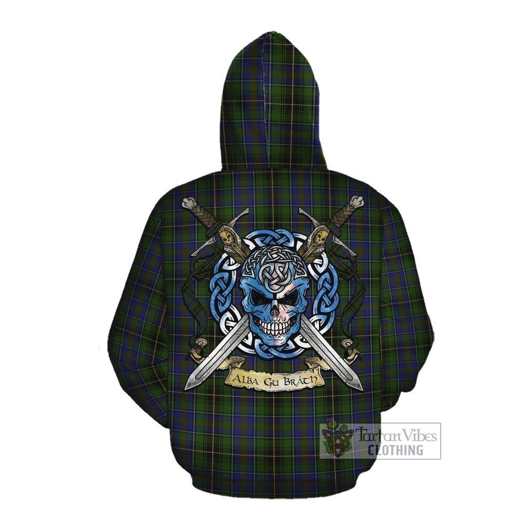 Tartan Vibes Clothing MacInnes (McInnes) Tartan Cotton Hoodie with Family Crest Celtic Skull Style