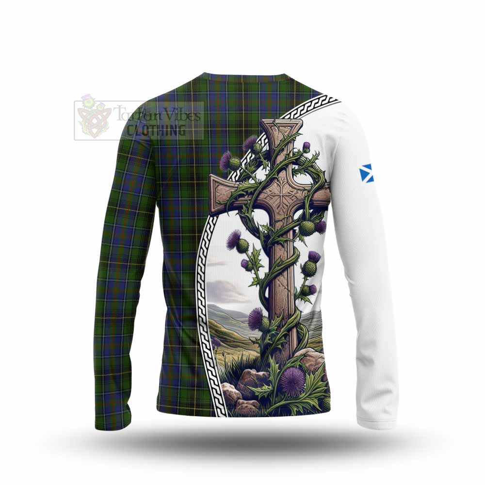 Tartan Vibes Clothing MacInnes (McInnes) Tartan Long Sleeve T-Shirt with Family Crest and St. Andrew's Cross Accented by Thistle Vines