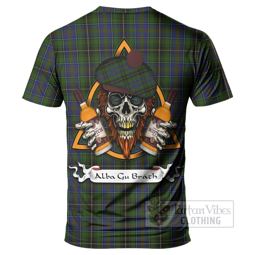 Tartan Vibes Clothing MacInnes (McInnes) Tartan T-Shirt with Family Crest and Bearded Skull Holding Bottles of Whiskey