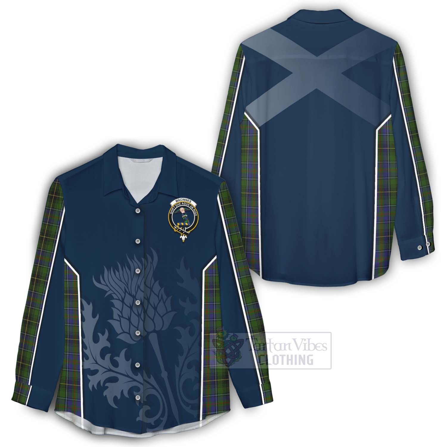 Tartan Vibes Clothing MacInnes (McInnes) Tartan Women's Casual Shirt with Family Crest and Scottish Thistle Vibes Sport Style