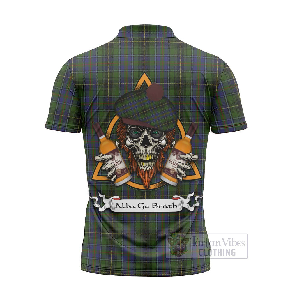 Tartan Vibes Clothing MacInnes (McInnes) Tartan Zipper Polo Shirt with Family Crest and Bearded Skull Holding Bottles of Whiskey