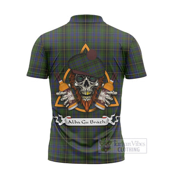 MacInnes (McInnes) Tartan Zipper Polo Shirt with Family Crest and Bearded Skull Holding Bottles of Whiskey