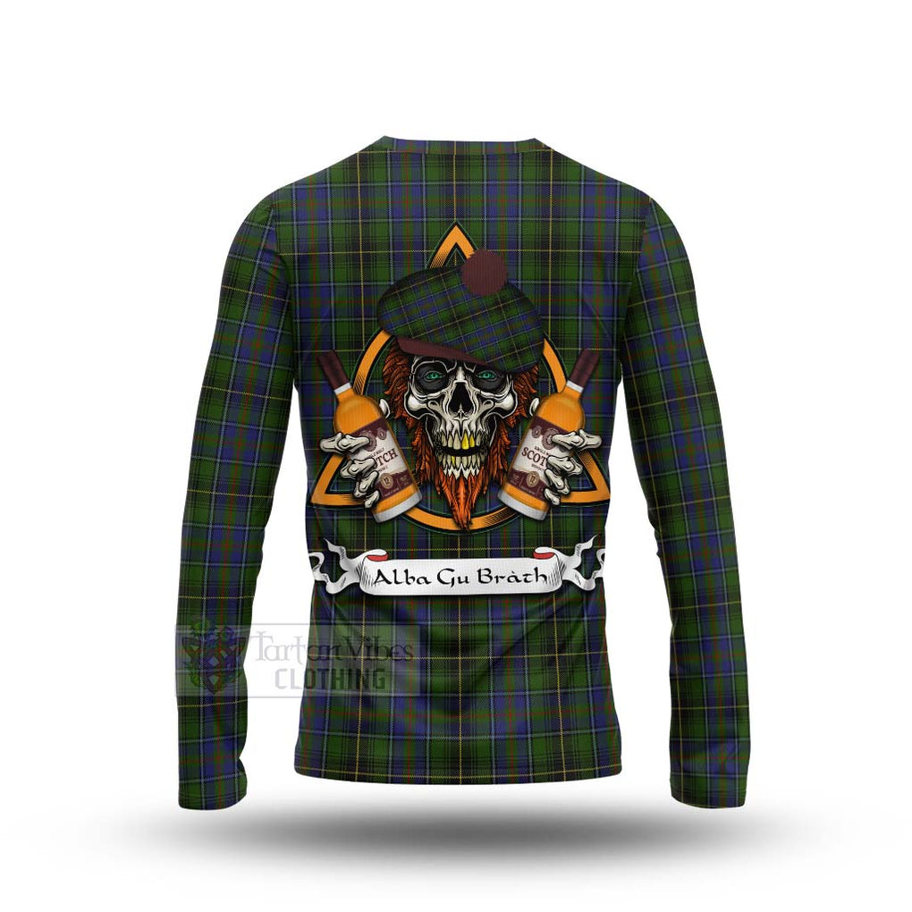 Tartan Vibes Clothing MacInnes (McInnes) Tartan Long Sleeve T-Shirt with Family Crest and Bearded Skull Holding Bottles of Whiskey