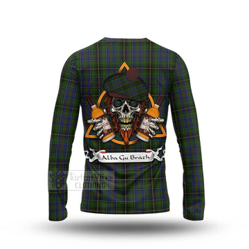 MacInnes (McInnes) Tartan Long Sleeve T-Shirt with Family Crest and Bearded Skull Holding Bottles of Whiskey