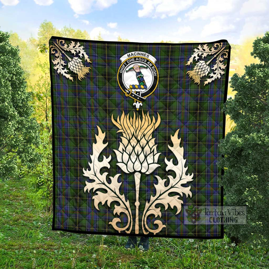 Tartan Vibes Clothing MacInnes (McInnes) Tartan Quilt with Family Crest and Golden Thistle Style