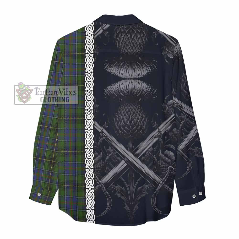 Tartan Vibes Clothing MacInnes (McInnes) Tartan Women's Casual Shirt with Family Crest Cross Sword Thistle Celtic Vibes