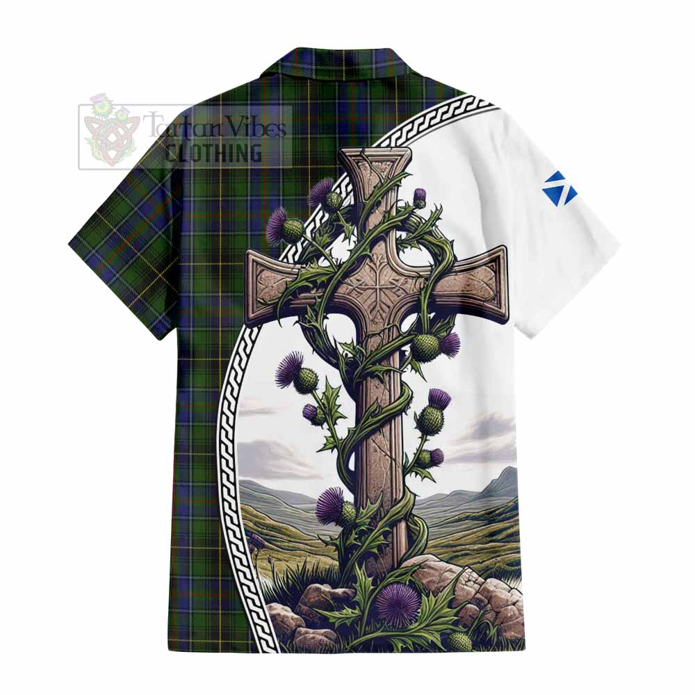 Tartan Vibes Clothing MacInnes (McInnes) Tartan Short Sleeve Button Shirt with Family Crest and St. Andrew's Cross Accented by Thistle Vines