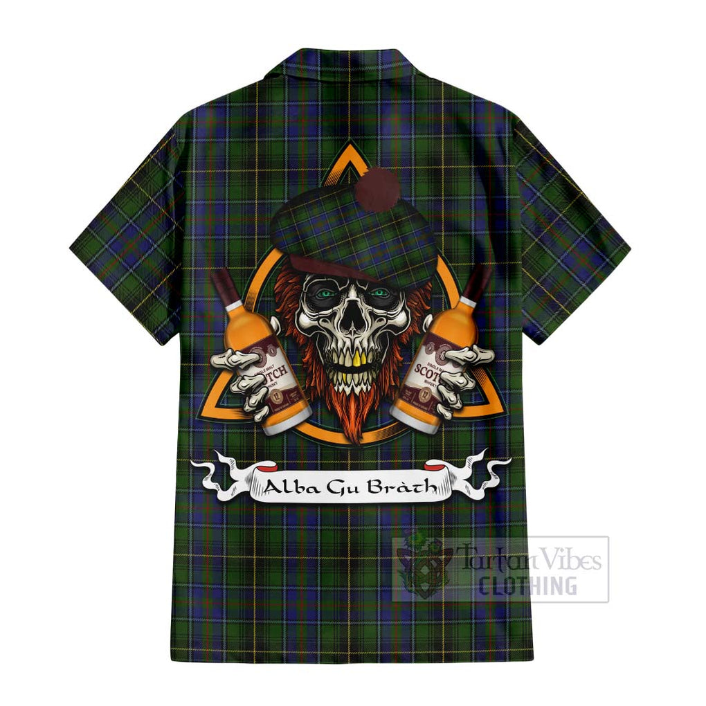 Tartan Vibes Clothing MacInnes (McInnes) Tartan Short Sleeve Button Shirt with Family Crest and Bearded Skull Holding Bottles of Whiskey