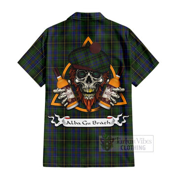 MacInnes (McInnes) Tartan Short Sleeve Button Shirt with Family Crest and Bearded Skull Holding Bottles of Whiskey