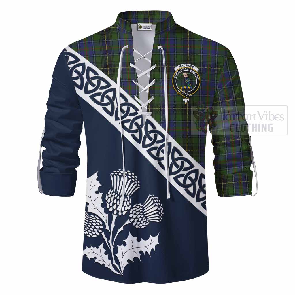 Tartan Vibes Clothing MacInnes (McInnes) Tartan Ghillie Kilt Shirt Featuring Thistle and Scotland Map